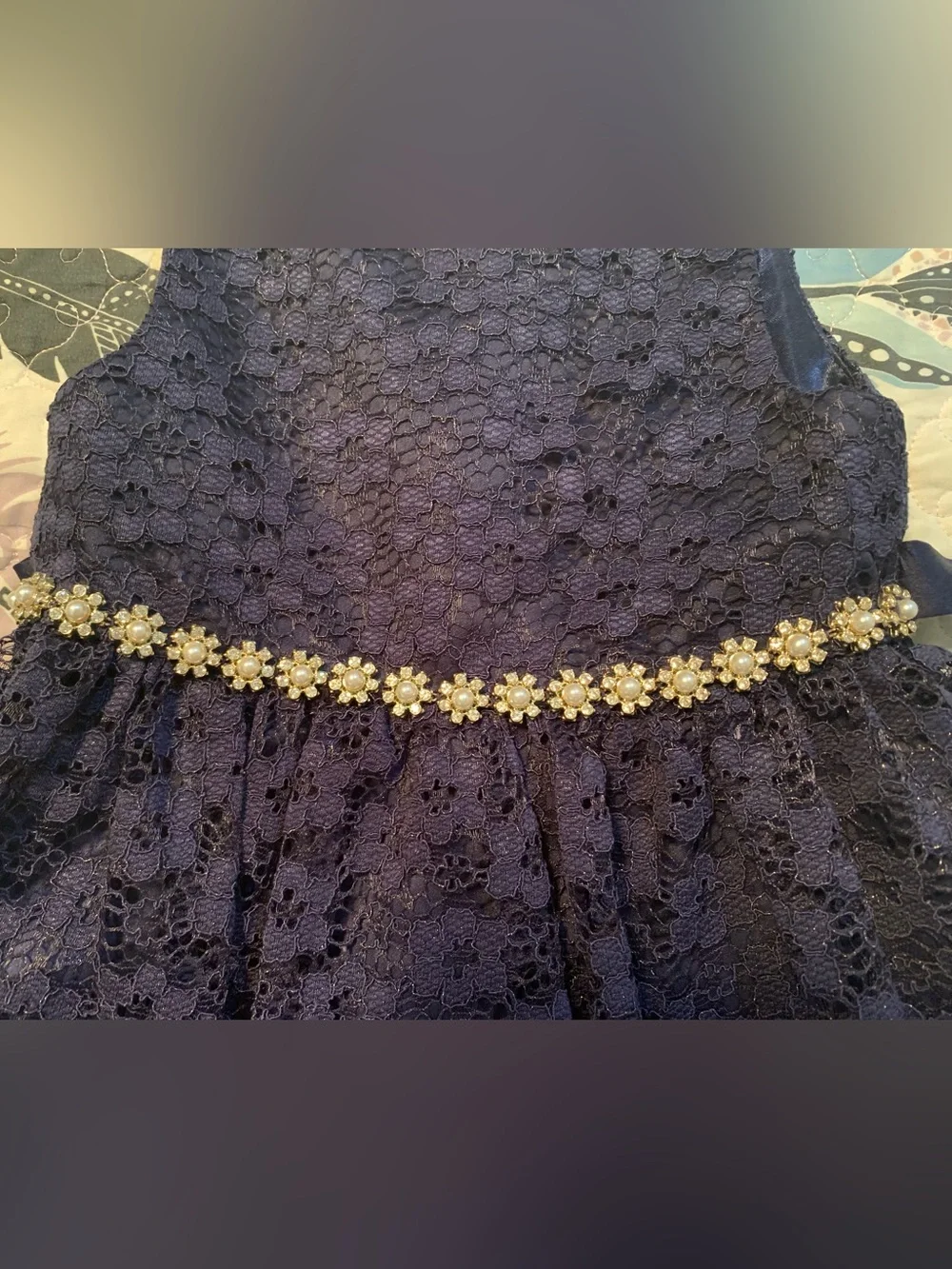 American Princess Navy Lace Dress with Pearl Floral Beading